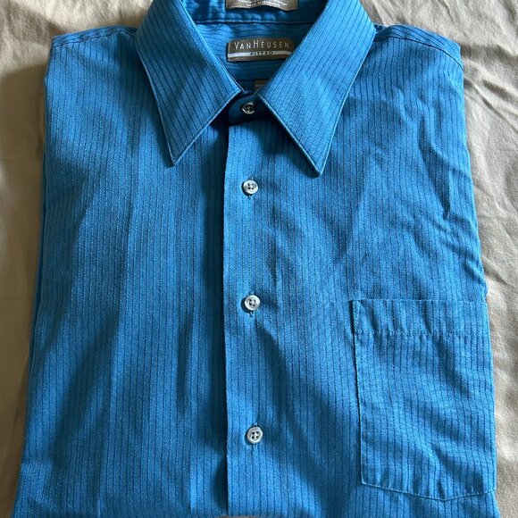 Van Heusen Mens Fitted Satin Stripe 70% Poly 30% Cotton Ocean Blue Dress Shirt - Picture 1 of 13